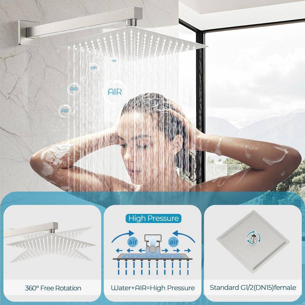 AKLFGN 2-Spray Square 10 in. Shower Head Wall Bar Shower Kit with Valve and Rainfall Shower 2.4 GPM in Brushed Nickel (3)