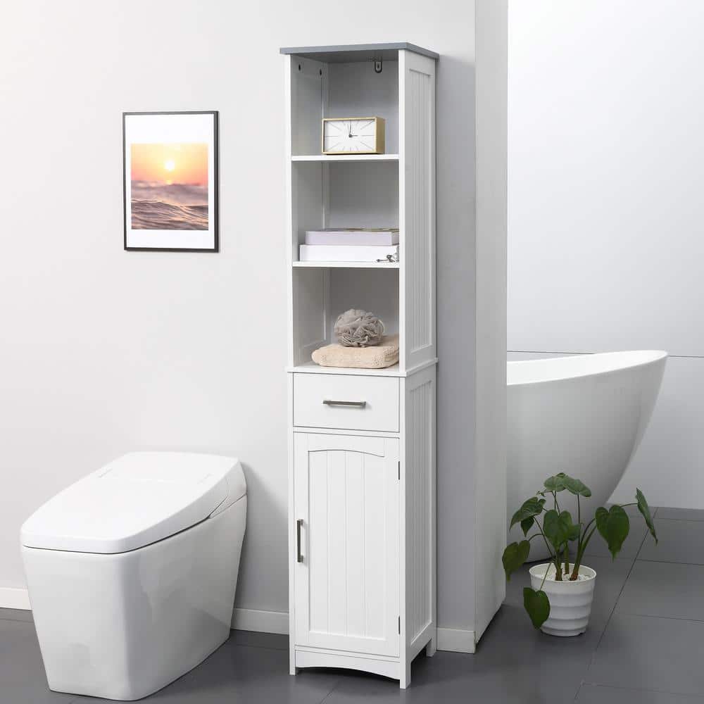 kleankin Freestanding 13.5 in. W x 11.75 in. D x 64.25 in. H White Linen Cabinet (2)