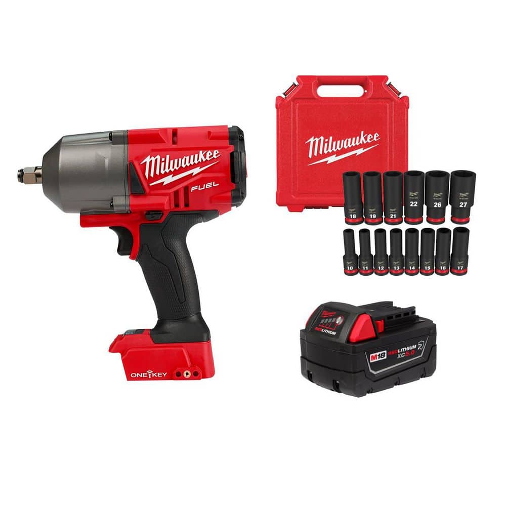 Milwaukee M18 FUEL ONE-KEY 18V 1/2 in. Impact Wrench w/5.0Ah Battery & SHOCKWAVE Socket Set (14-Pc) (1)