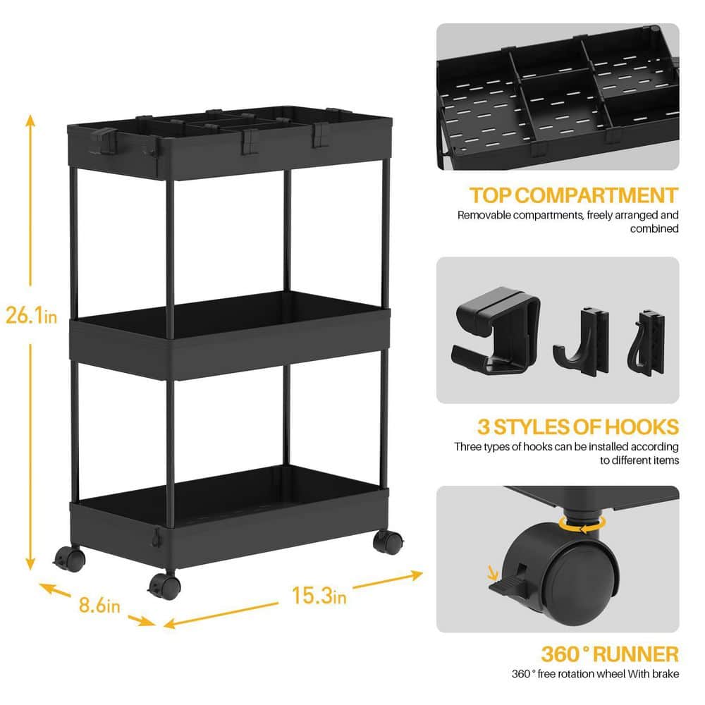 Numhew Freestanding 3-Tier Rolling Vanity Organizer with Baskets for Office, Bathroom, Kitchen and Living Room in Black (2)