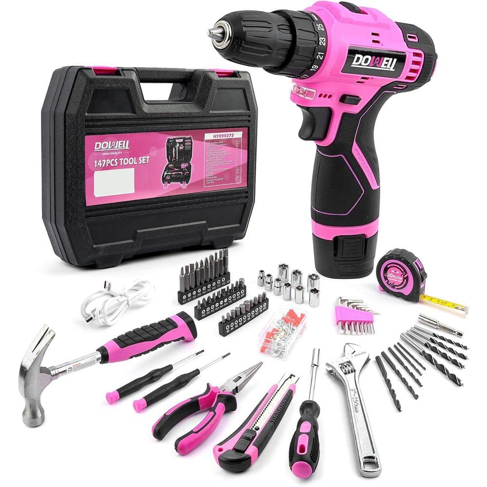 Afoxsos 147-Piece Pink 12-Volt Cordless Drill Tool Kit with Keyless Chuck Built-in LED Type-C Charge Cable for Home Use (1)