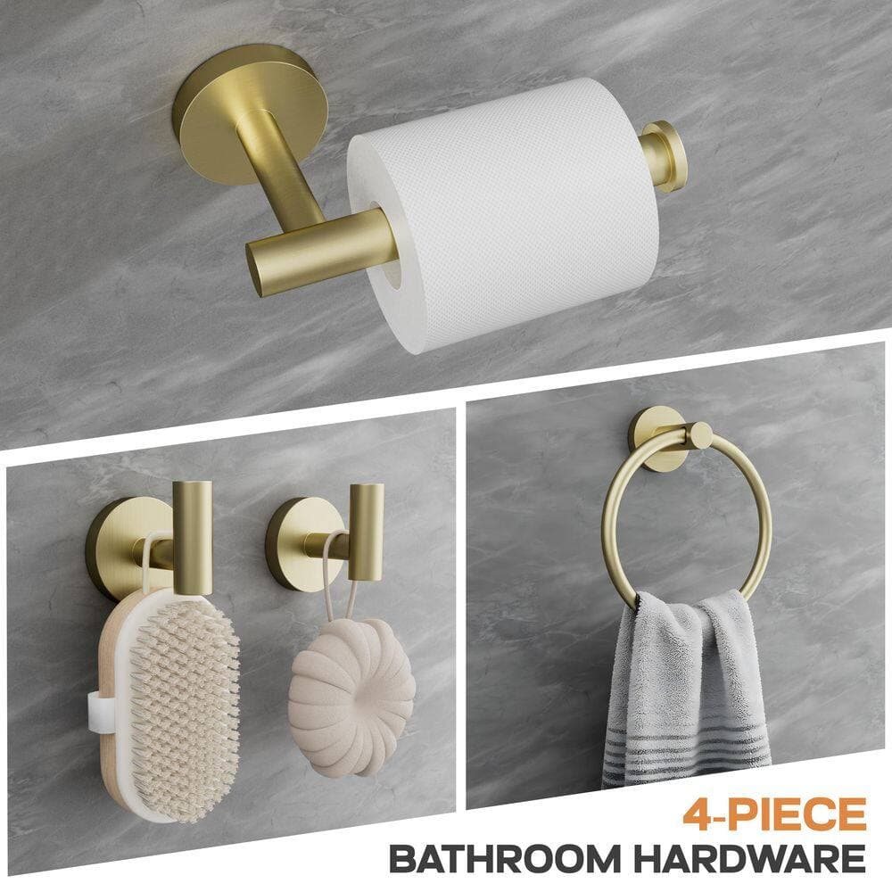 Peorsily 4-Piece Bath Hardware Set with Towel Bar Hand Towel Holder Toilet Paper Holder Towel Hook Modern Square in Brushed Gold (3)