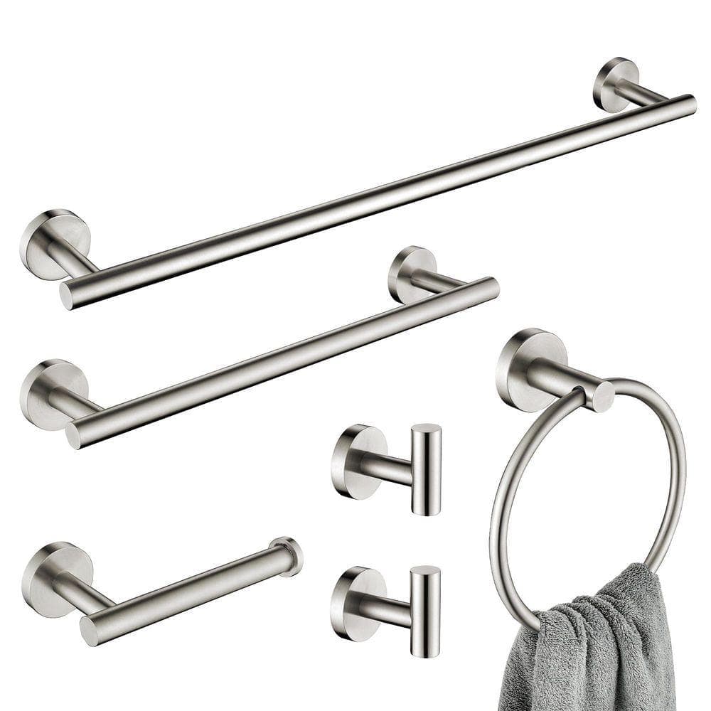 GQB 6-Piece Bath Hardware Set with 23.6 in. Towel Rack, Towel Ring, Towel Hook, Toilet Paper Holder in Brushed Nickel (1)
