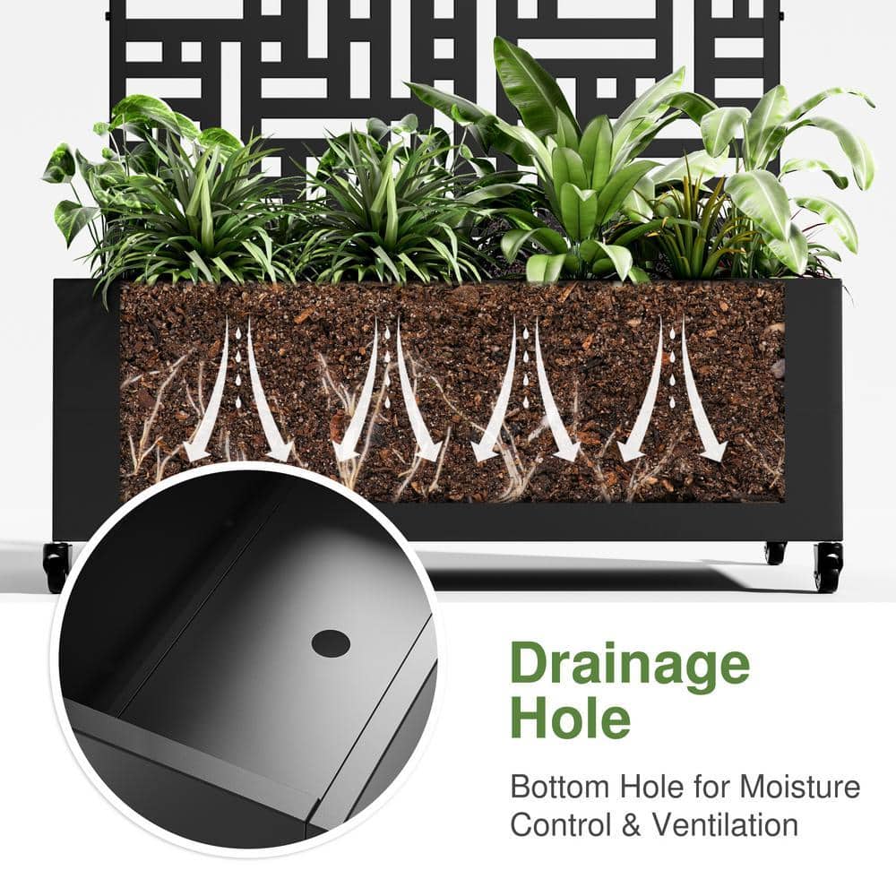 Lirago 72 in. x 47 in. Arched-Top Black Outdoor Metal Privacy Screen Raised Planter Box Wall Decor (3)