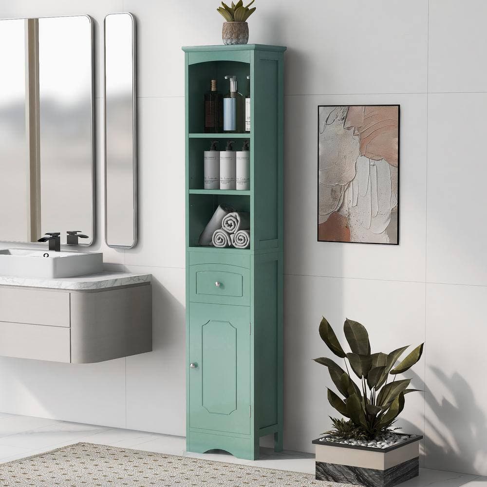Unbranded 13.4 in. W x 9.1 in. D x 66.9 in. H Green Linen Cabinet with Drawer, MDF Board, Adjustable Shelf (2)