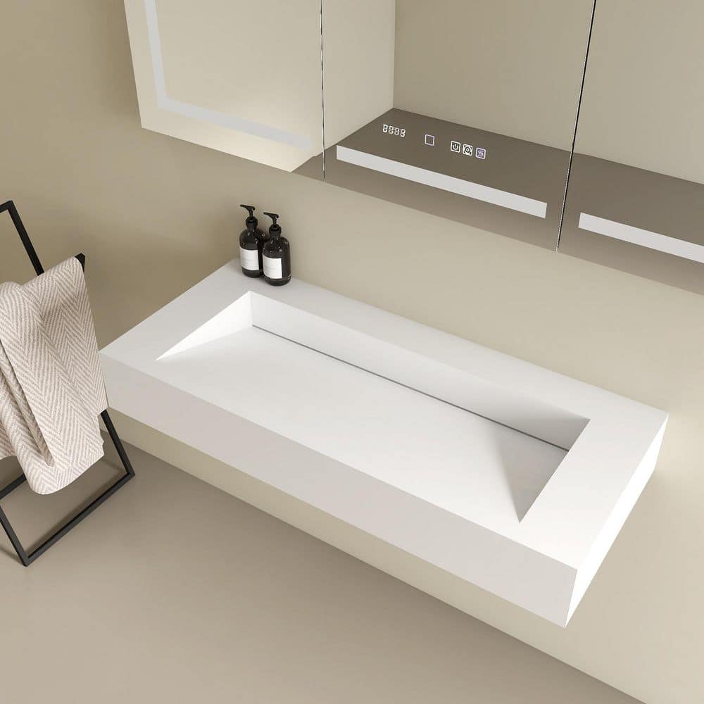 HOPROME Rinno 42 in. x 19 x 6 in. Solid Surface Wall Mount Bathroom Vessel Sink in Matte White (3)