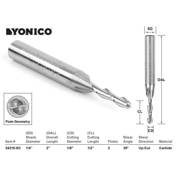 Yonico 2 Flute Ball Nose Spiral End Mill 1/8 in. Dia 1/4 in. Shank Solid Carbide CNC Router Bit (2)