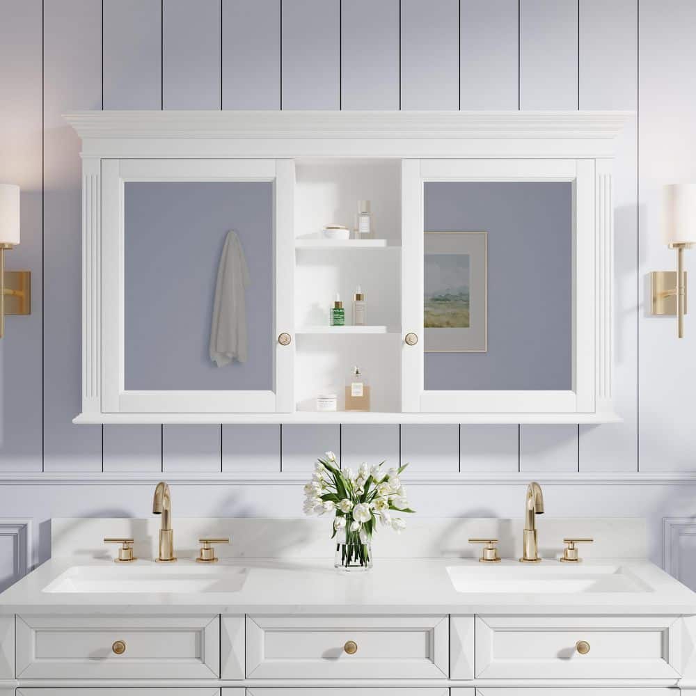 ANGELES HOME 55 in. W x 30 in. H Rectangular Handmade Solid Wood Medicine Cabinet with Mirror and Soft-close Door, White, Double Door