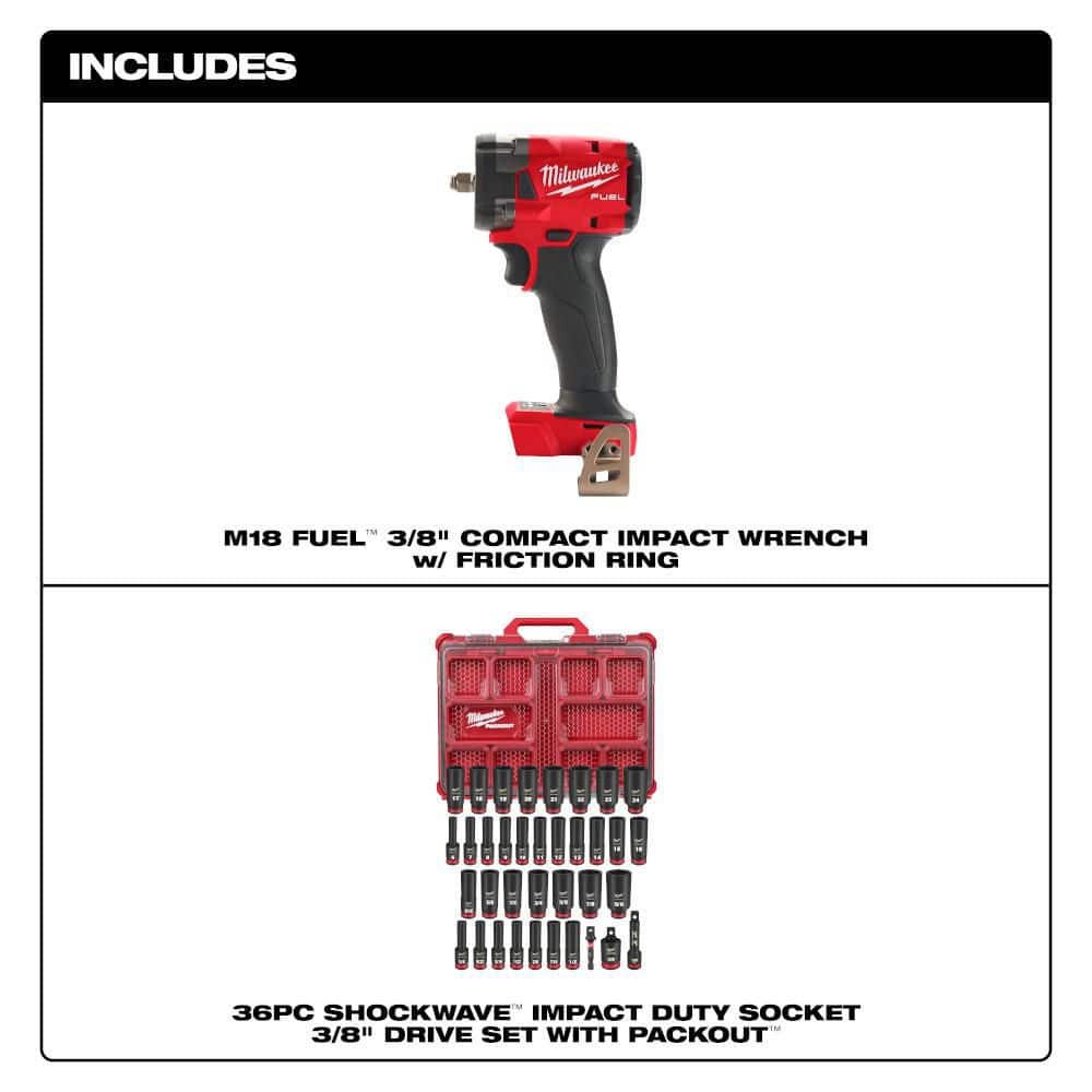 Milwaukee M18 FUEL GEN-3 18V 3/8 in. Compact Impact Wrench (Tool Only) with 36-Pc 3/8 in. PACKOUT Socket Set (2)
