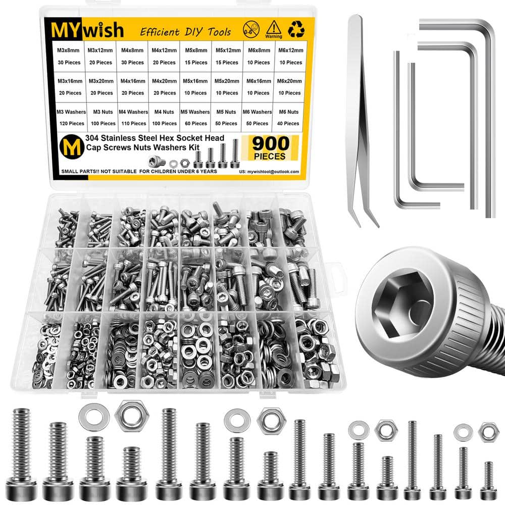MYWISH 900-Piece M3, M4, M5, M6 Machine Screw Assortment Kit with Hex Nuts, Flat Washers, and Bolts (1)