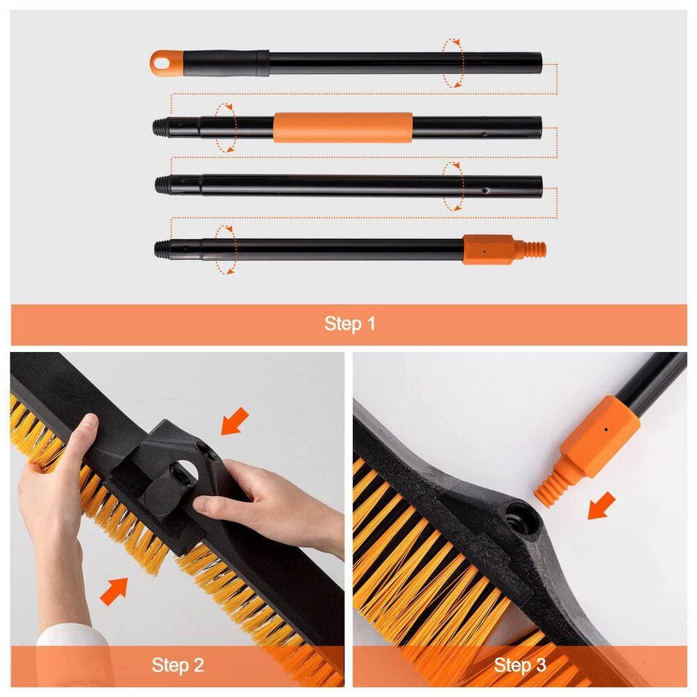NVNOO 24 in. Push Broom Brush with 65 in. Long Handle and Stiff Bristles for Deck Garage Concrete, Orange (1-Pack) (3)