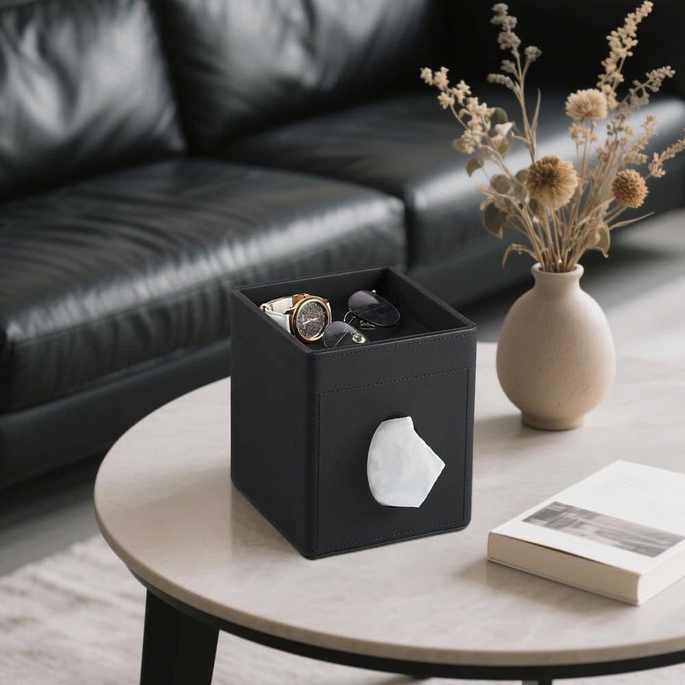 KHKFY PU Leather Square Tissue Box Cover with Magnetic Lid Built-In Storage Tray and Velvet Lining in Black (2)