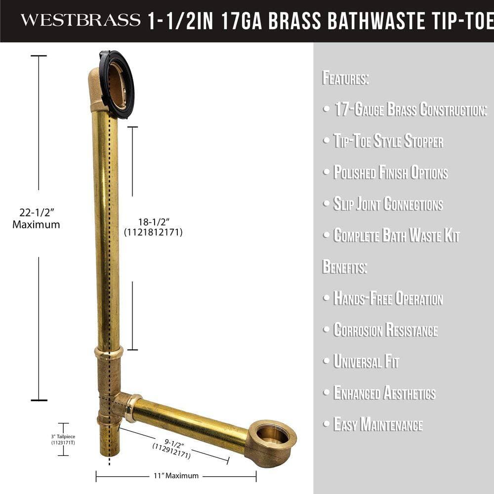 Westbrass 22 in. Brass Trip Lever Bath Waste Drain (4)