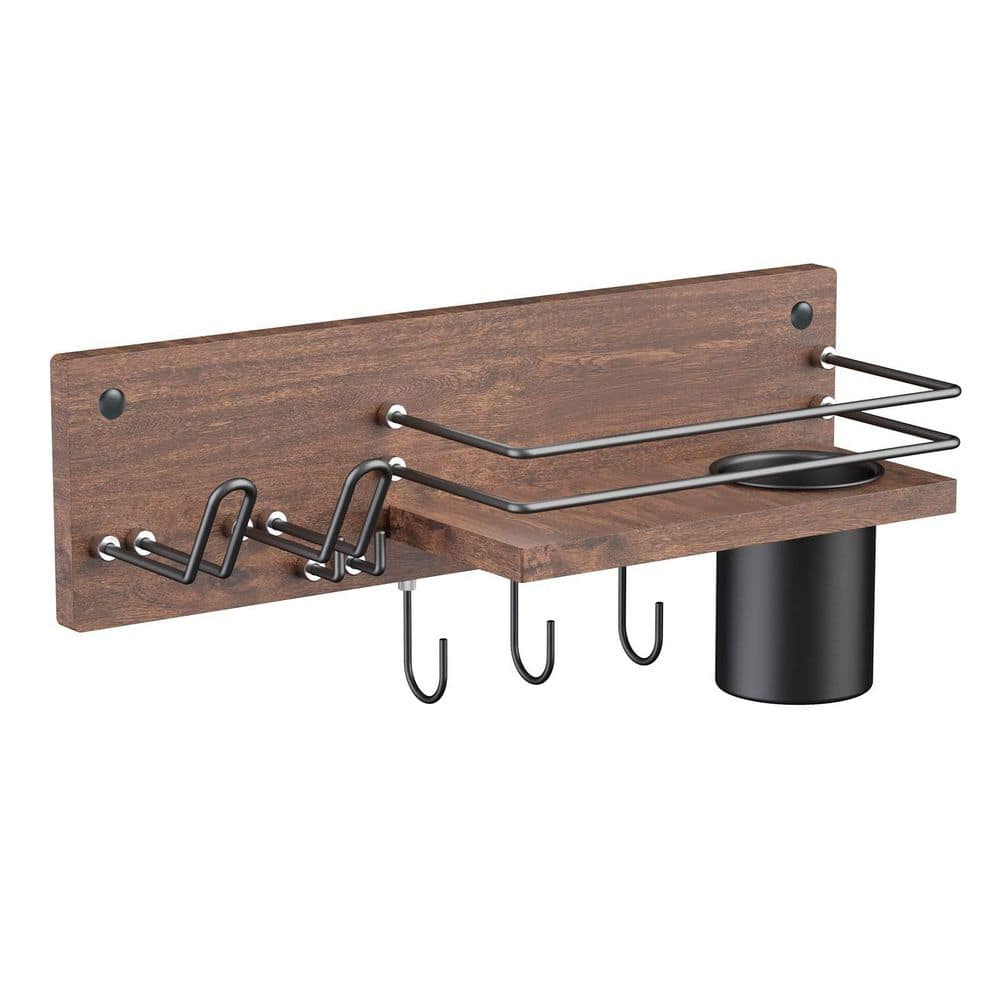 Wudkey 15.7 in. Wall Mounted Wooden Hair Tool Organizer, Blow Dryer Holder Shelf, Curling Iron and Hair Styling Tools Organizer (1)