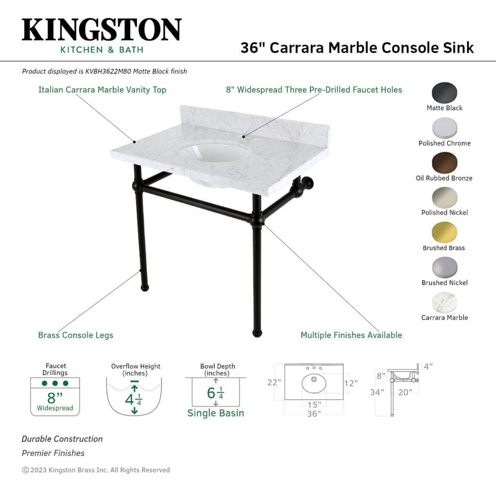 Kingston Brass Fauceture 36 in. Marble Console Sink Set with Brass Legs in Marble White/Polished Nickel (3)