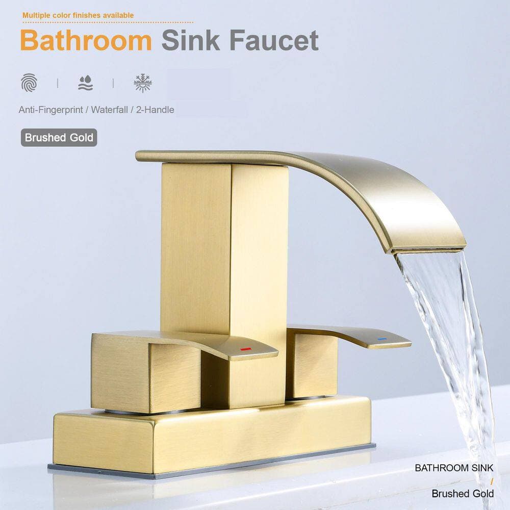 GAGALIFE 4 in. Centerset Double Handle Waterfall Spout Bathroom Vessel Sink Faucet with Supply Lines in Brushed Gold (3)