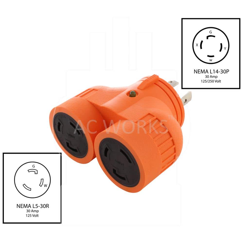 AC WORKS Generator V-Duo Outlet Adapter L14-30P 30 Amp 4-Prong Plug to Two 30 Amp L5-30R 3-Prong Outlets (2)