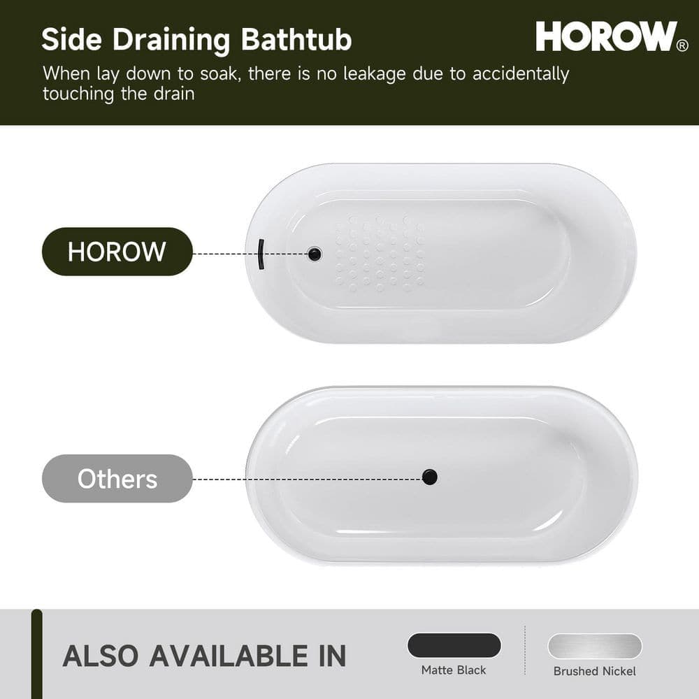 HOROW 59 in. x 27.5 in. Soaking Bathtub with Side Drain in White/Matte Black (2)