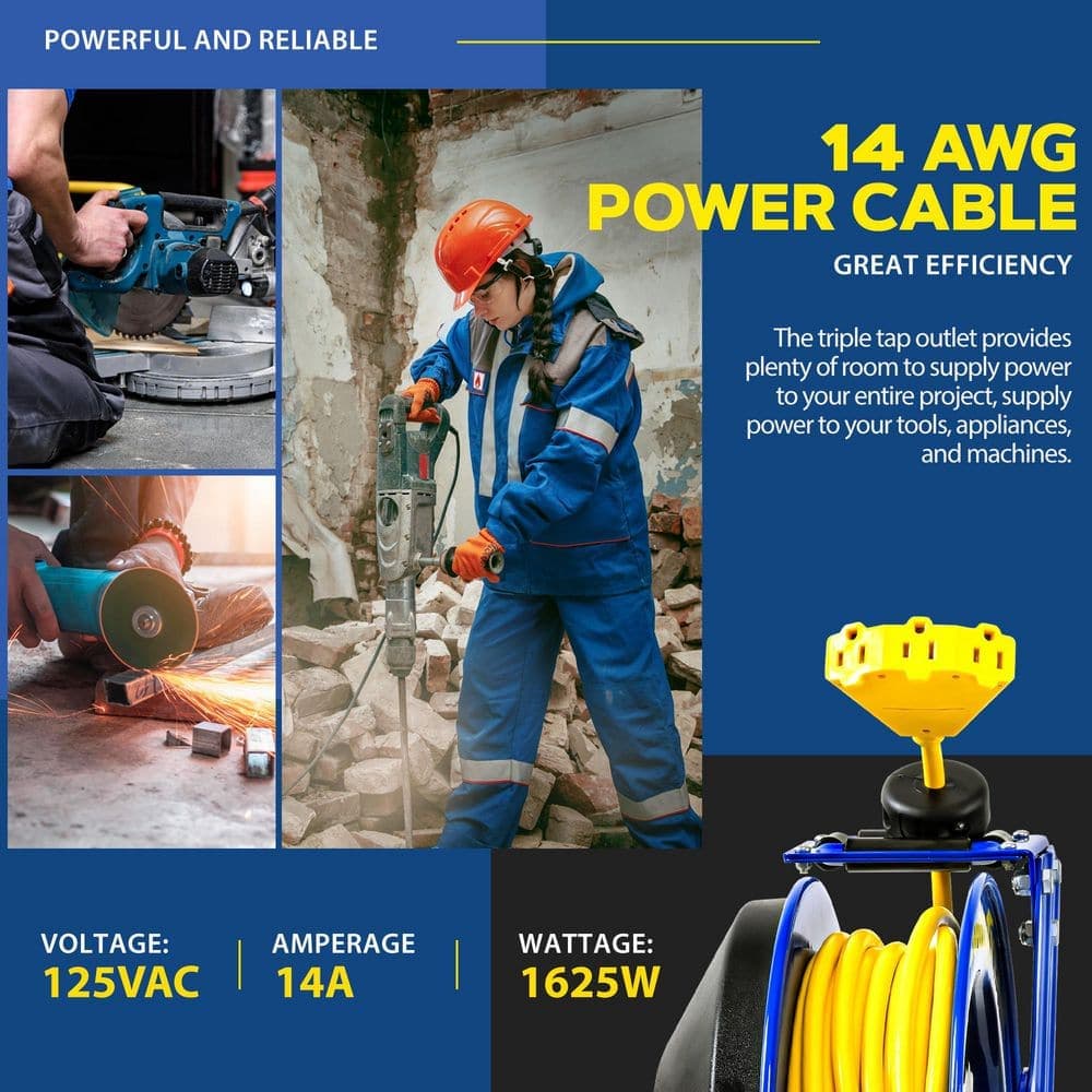 Goodyear 100 ft. 14/3 13 Amp Retractable Extension Cord Reel with 3-Grounded Outlets and Tri-Tap End (3)