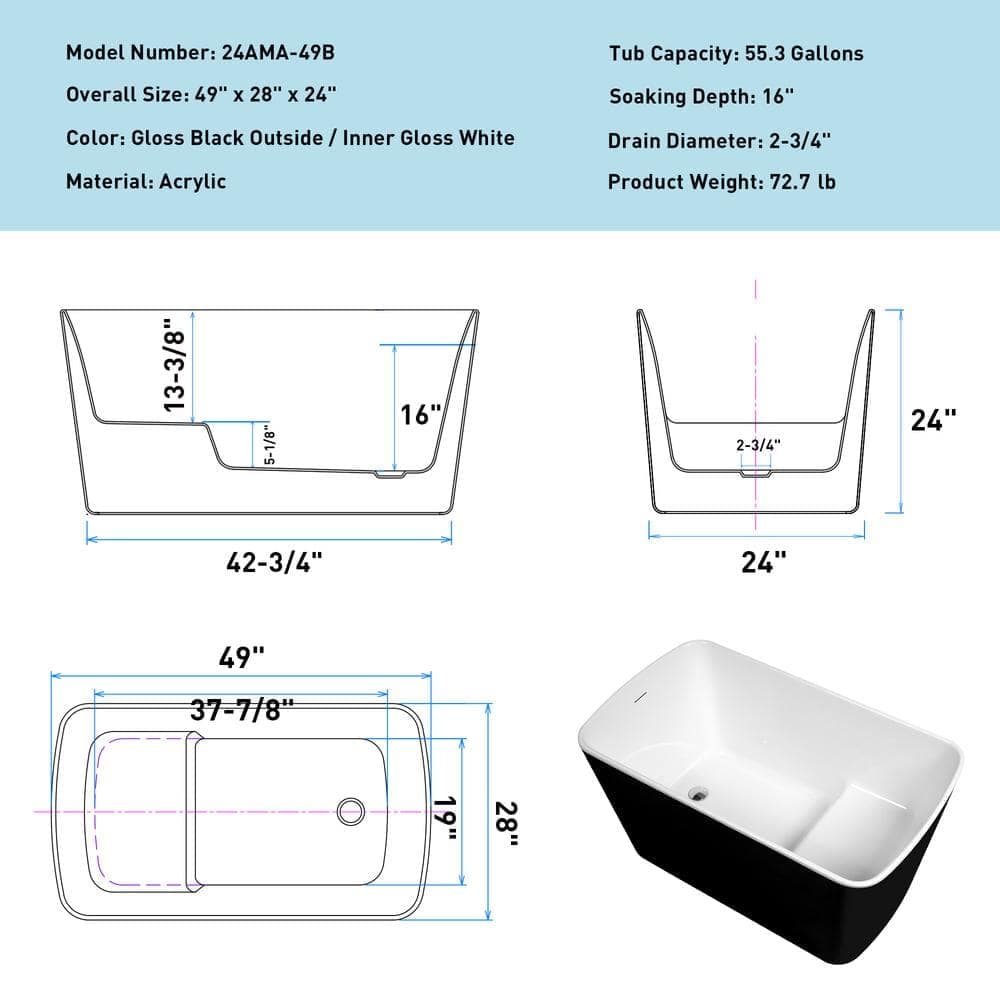cadeninc 49 in. x 28 in. Acrylic Square Freestanding Soaking Bathtub in Glossy Black with Chrome Overflow and Drain (2)