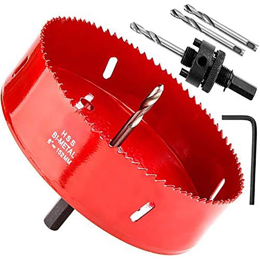 Unbranded Bi-Metal 6 in. Dia Hole Saw with Heavy Duty Arbor for Metal Wood Drywall Cutting 38mm Depth Bright Red (1)