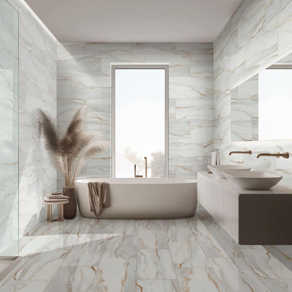 MSI Delle Ondas Rectangle 16 in. x 32 in. Polished Beige Porcelain Marble Look Floor and Wall Tile (14.2 sq. ft./Case) (4)