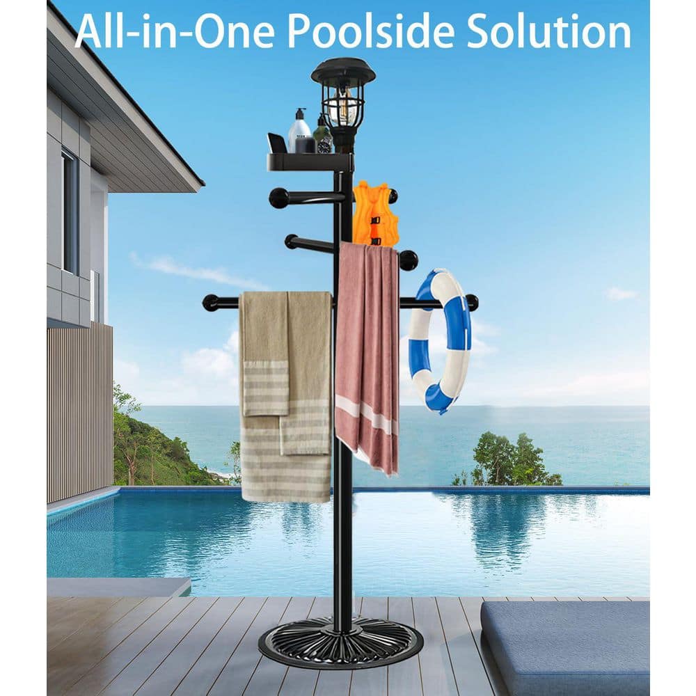 Anqtovp 6 Bar Pool Towel Rack in Black with Solar Light Top Tray Outdoor Heavy Duty Pool Bath Accessory Piece (3)