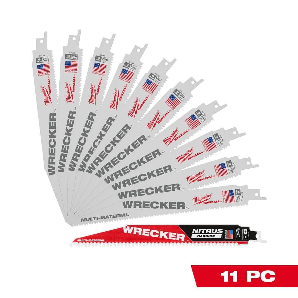 Milwaukee WRECKER 9in. 7-11 TPI Multi-Material Bi-Metal Sawzall Blade Set 10pk + NITRUS WRECKER
