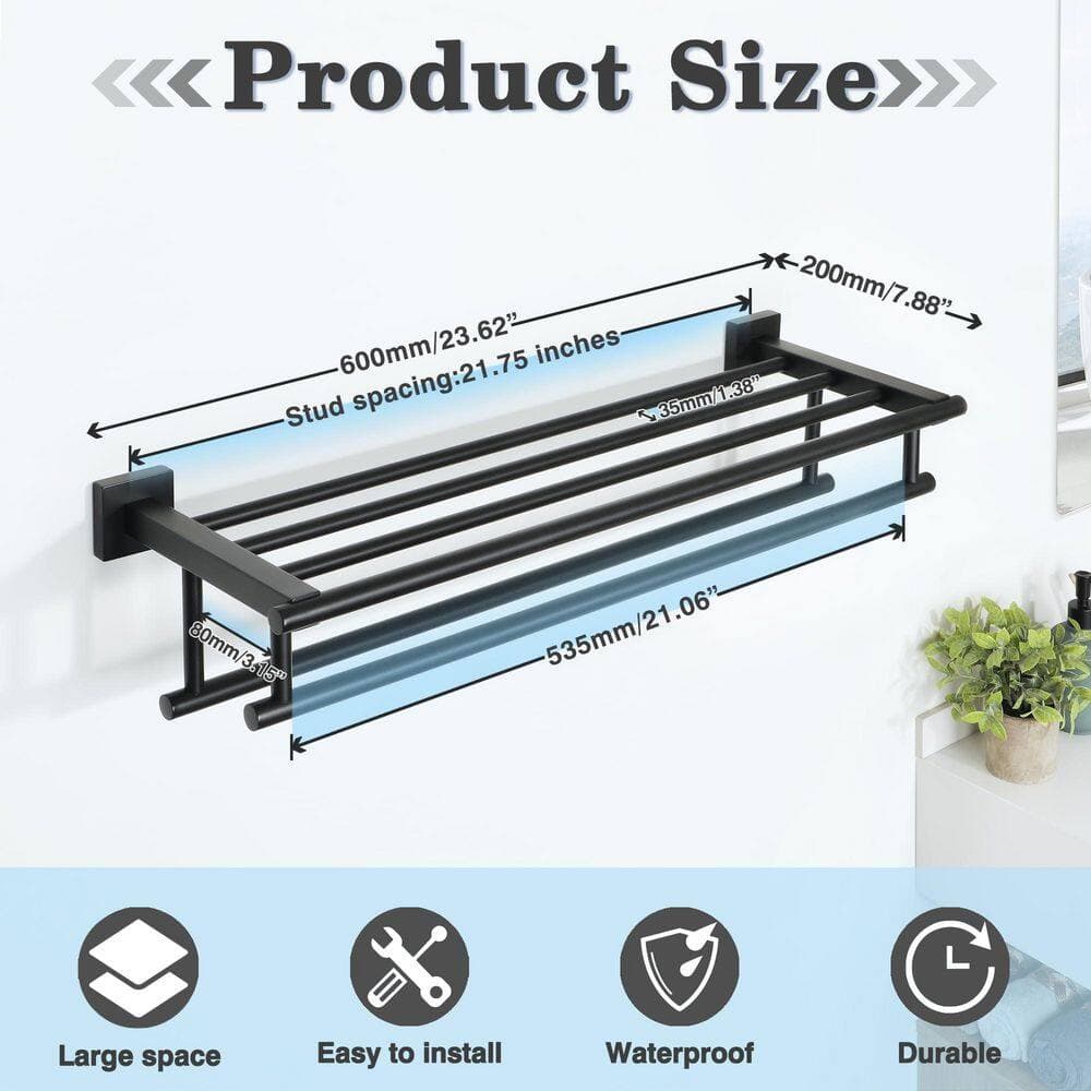 Unbranded 1-Pack Matte Black SUS304 Stainless Steel 24 in. Wall-Mounted Double Bathroom Towel Bar Rack and Shelf (3)