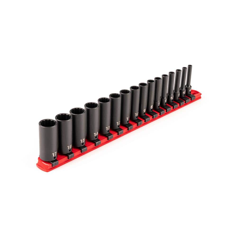 TEKTON 1/4 Inch Drive Deep 12-Point Impact Socket Set with Rail, 16-Piece (4-17 mm) (1)