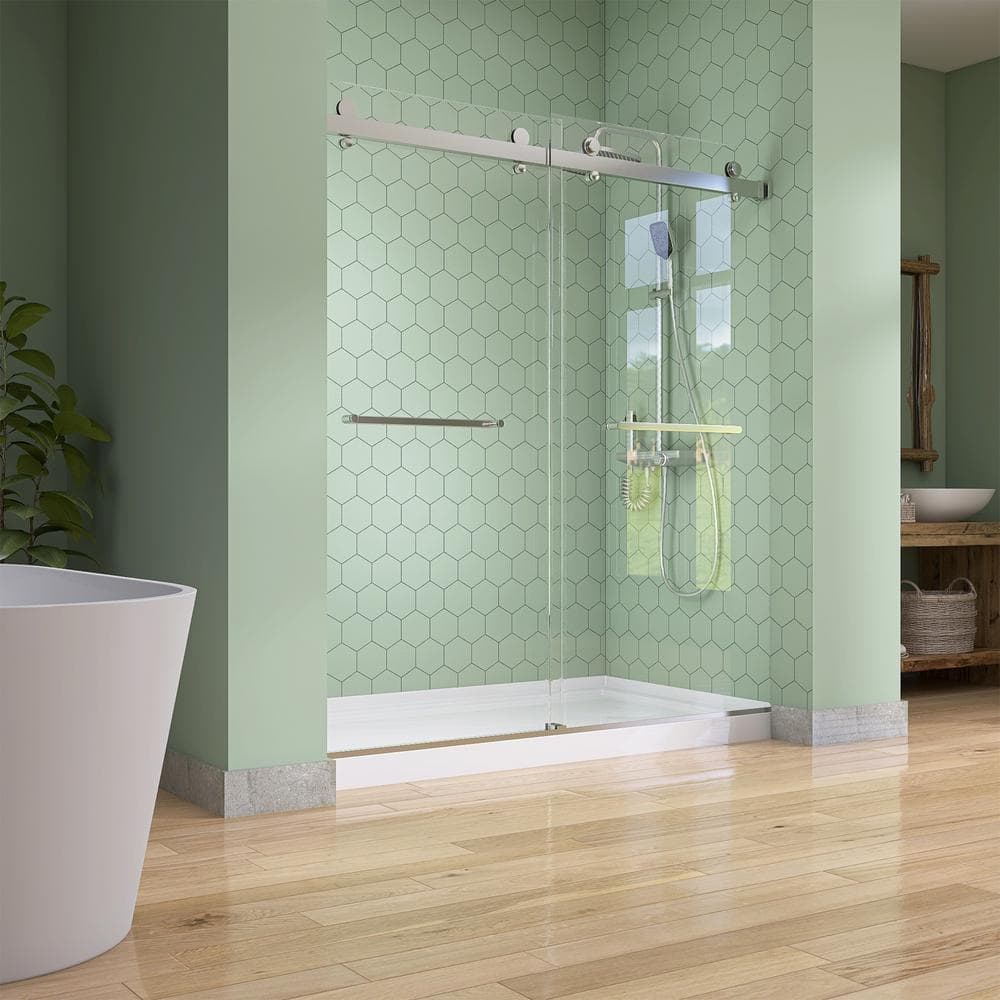 NTQ 60 in. x 32 in. Single Threshold Acrylic Shower Base Alcove Floor Shower Pan Base with Right Drain in White and Cover (3)