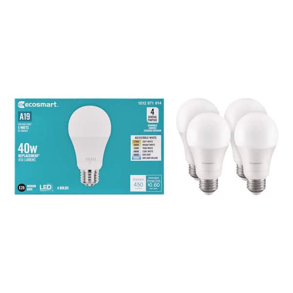 EcoSmart 40-Watt Equivalent A19 E26 Base Dimmable LED Light Bulb with Selectable Color Temperature (4-Pack)