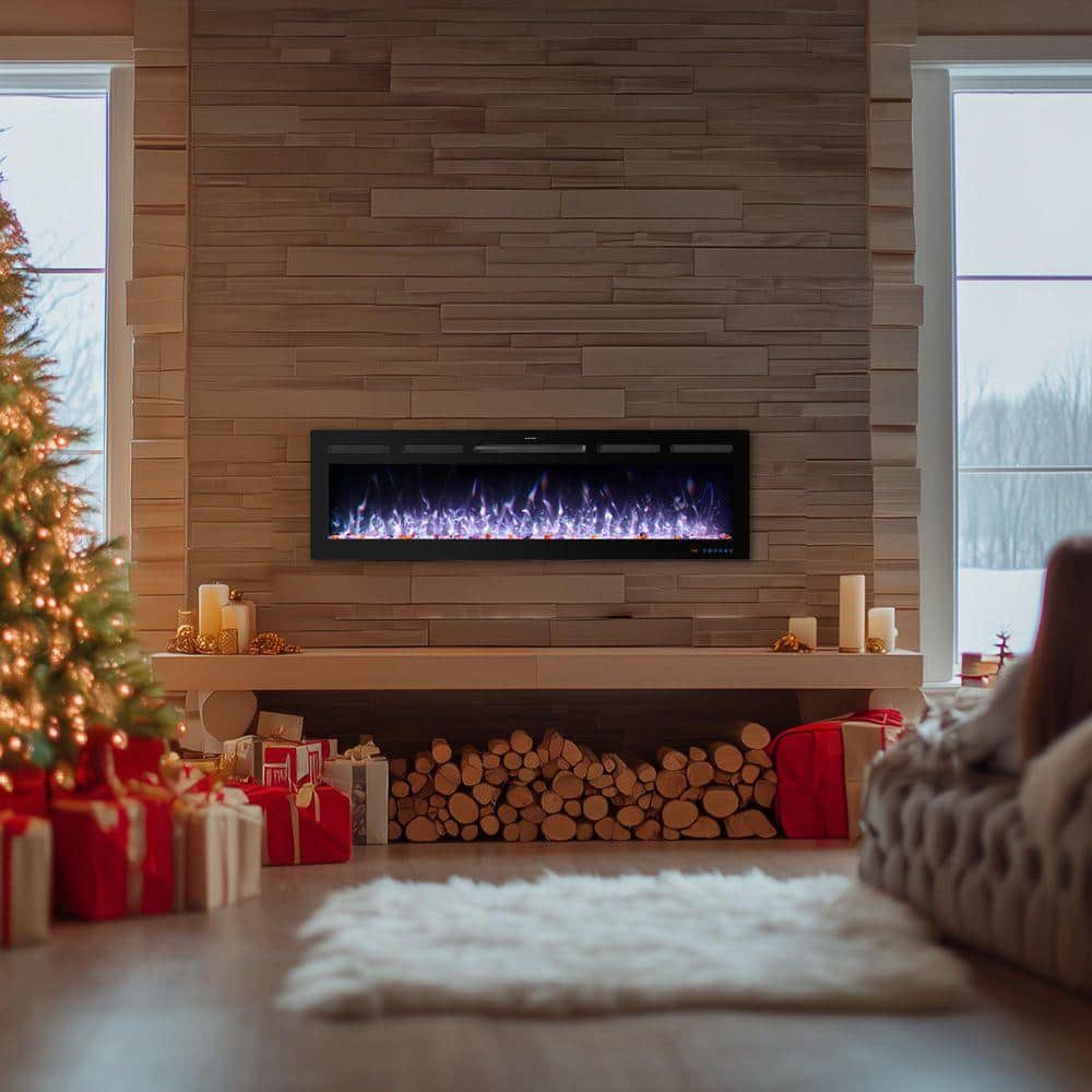 Prismaster ...keeps your home stylish 60 in. Ultra Slim Electric Fireplace Insert Recessed, Wall Mounted Wifi Control Logset Crackling Sound Multicolor Effect (2)