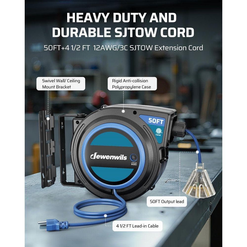DEWENWILS 50 ft. 14/3 13A Circuit Breaker, Retractable Extension Cord Reel with 3 Grounded Outlets, Ceiling/Wall, ETL Listed, Blue (2)