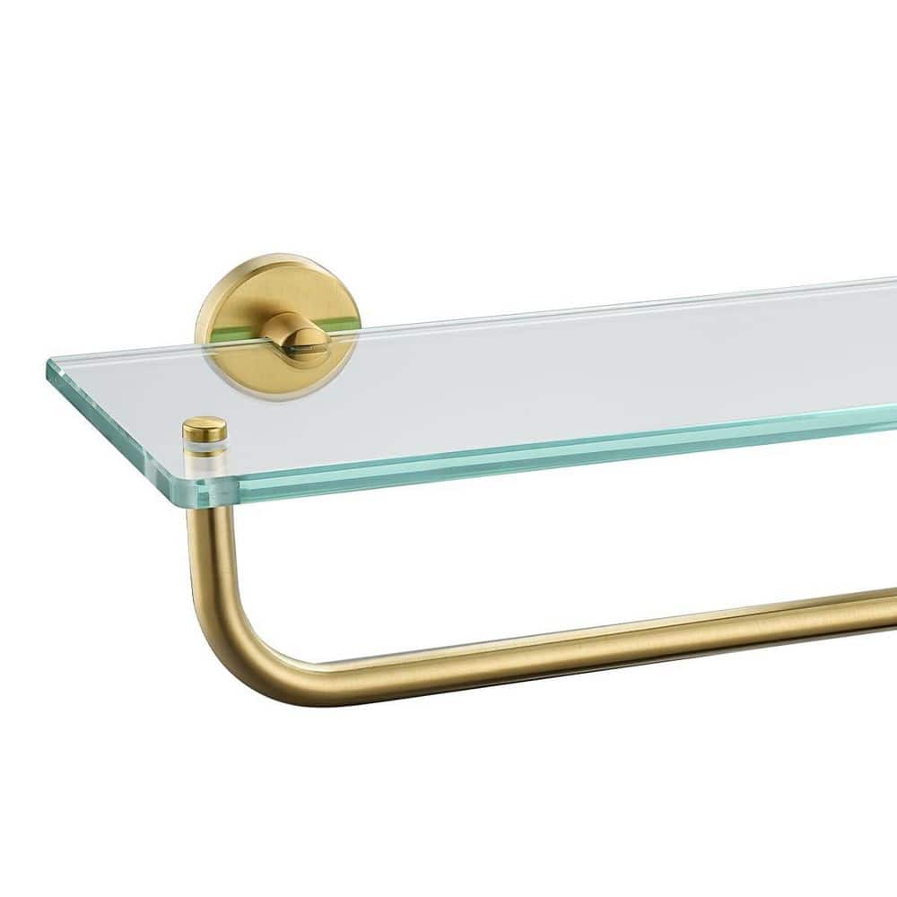 Unbranded 20 in. Brushed Gold 304 Stainless Steel Bathroom Glass Shelf with Towel Bar Wall Mounted Tempered Glass