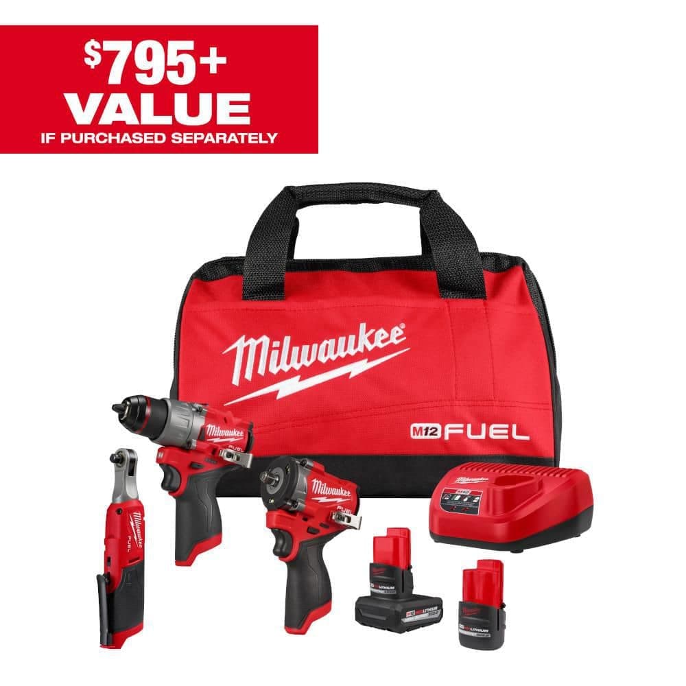 Milwaukee M12 FUEL 12V Lithium-Ion Cordless Drill Driver, Impact Wrench, and Ratchet Combo Kit (3-Tool) w/Batteries, Charger & Bag (1)
