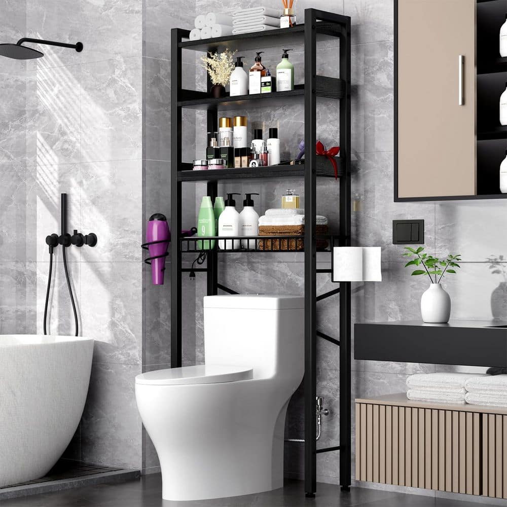 Numhew Brown 4 Tier Bathroom Organizer Storage With Adjustable Shelf Feet Pad Basket, Over The Toilet Storage Cabinet