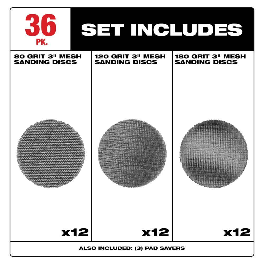 Milwaukee 3 in. Assorted 80-Grit, 120-Grit, 180-Grit Mesh Sanding Discs For M FUEL 3 in. Random Orbital Sander (39-Piece) (2)