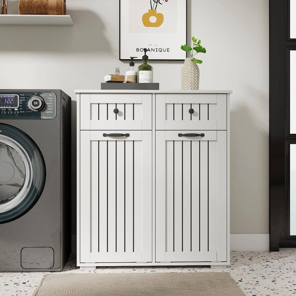 YSQCAR 31.5 in. W x 15.75 in. D x 35.83 in. H White Linen Cabinet, Laundry Cabinet, with 2 Laundry Basket and 2 Drawers (2)