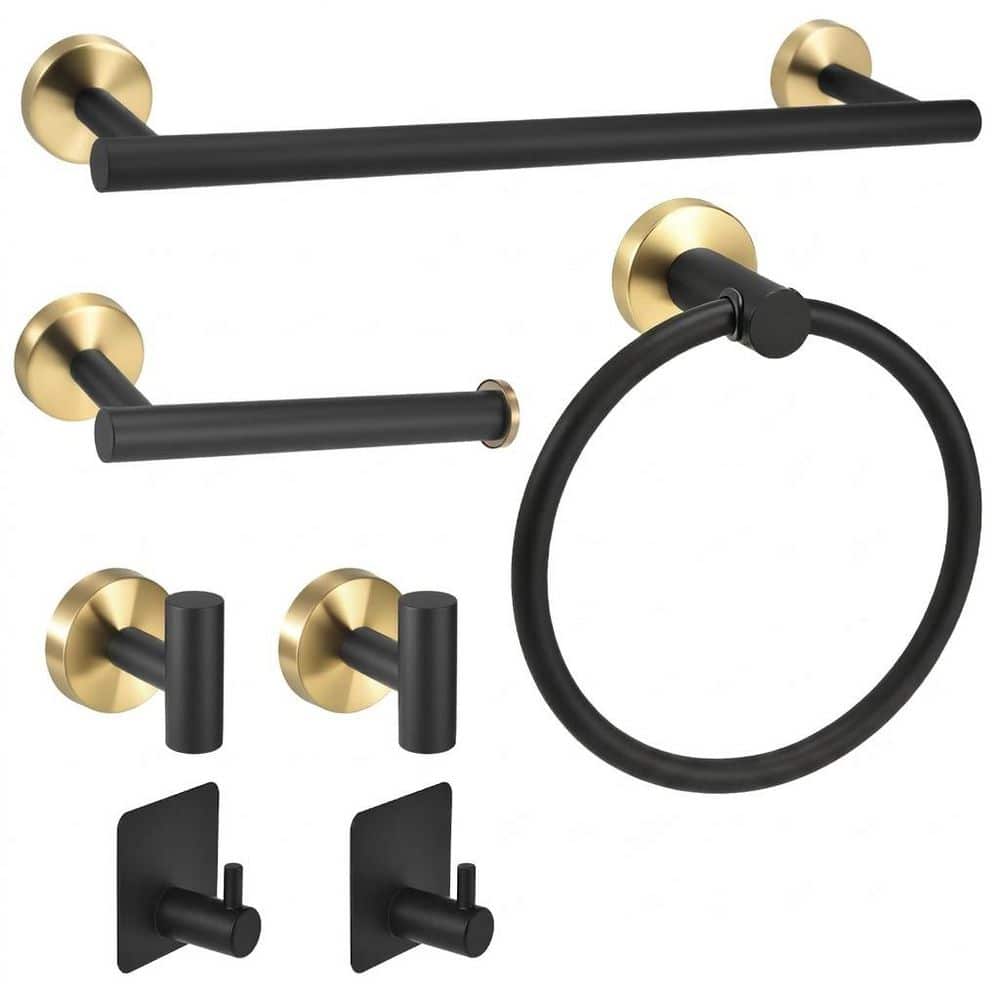 Anqtovp 7-Piece Bathroom Hardware Accessory Set with Towel Bar, Paper Holder, Rings, Hooks in Black and Gold (1)