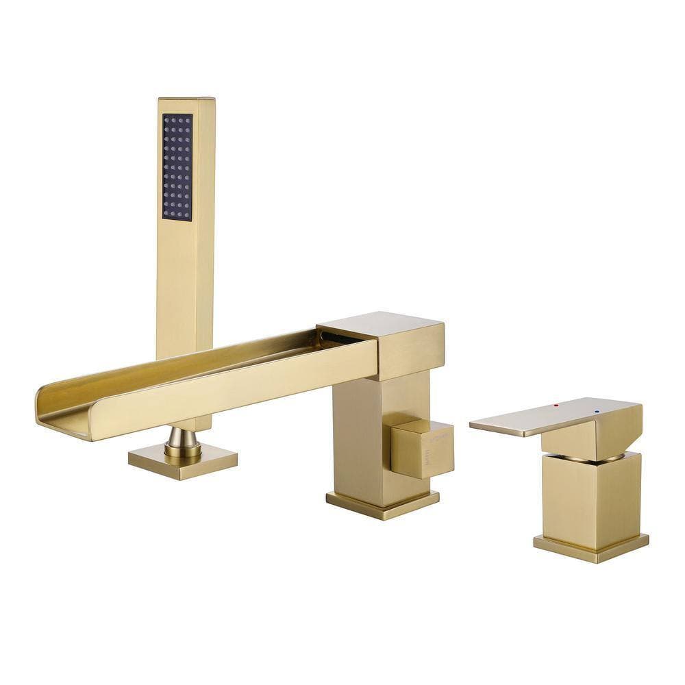 FLG Single-Handle Tub Deck Mount Roman Tub Faucet with Handheld Shower Waterfall Brass Tub Filler in Brushed Gold