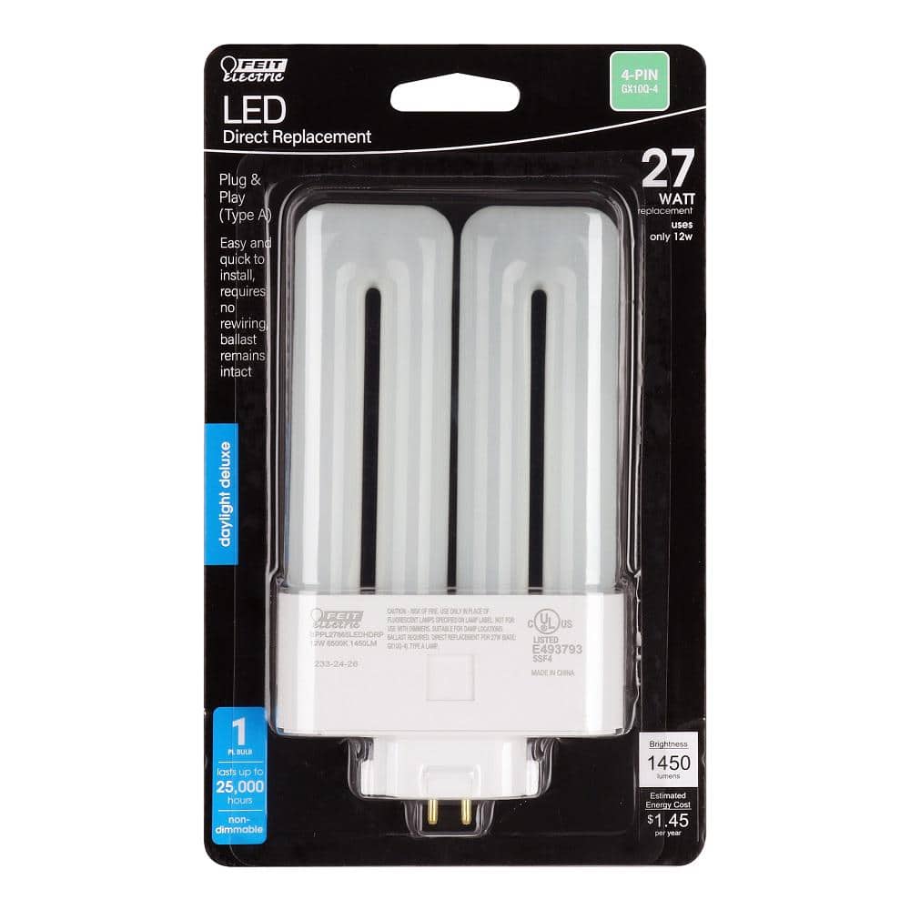 Feit Electric 27-Watt Equivalent Linear Quad Tube PL 4-Pin Plug-in GX10Q-4 Base LED Light Bulb, Daylight Deluxe 6500K (1-Pack) (4)