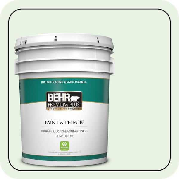 BEHR PREMIUM PLUS 5 gal. #450C-1 Dinner Mint Semi-Gloss Enamel Low Odor Interior Paint & Primer (2)