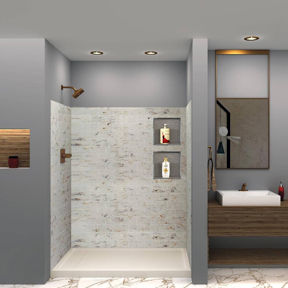 Transolid SaraMar 36 in. x 60 in. x 72 in. 3-Piece Easy Up Adhesive Alcove Shower Wall Surround in Biscotti Marble (1)