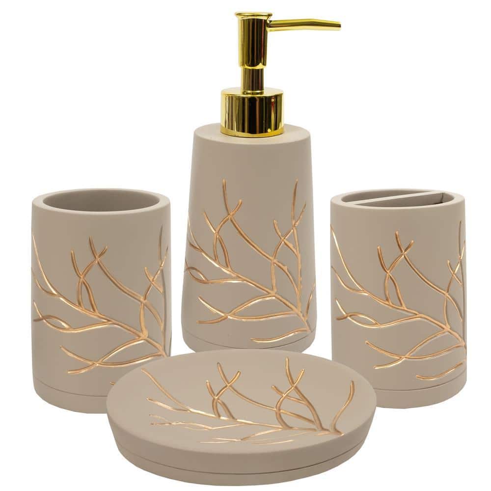 Sweet Home Collection Branches (4-Piece) Bathroom Accessory Set with Soap Pump, Tumbler, Toothbrush Holder and Soap Dish - Beige