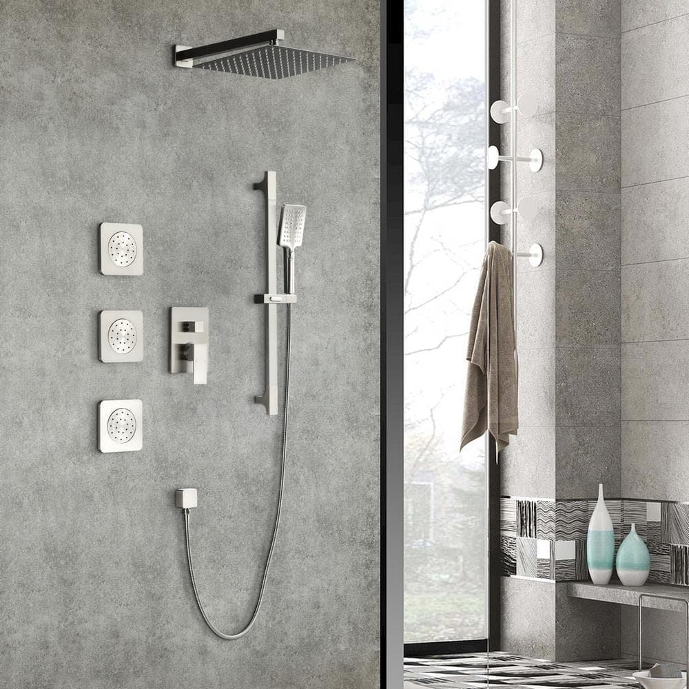 YONKI SUNSHIN INC 12 in. 3-Jet Wall Mount Rainfall Shower Tower System with Slide Bar, Handheld and Body Spray in Brushed Nickel (2)