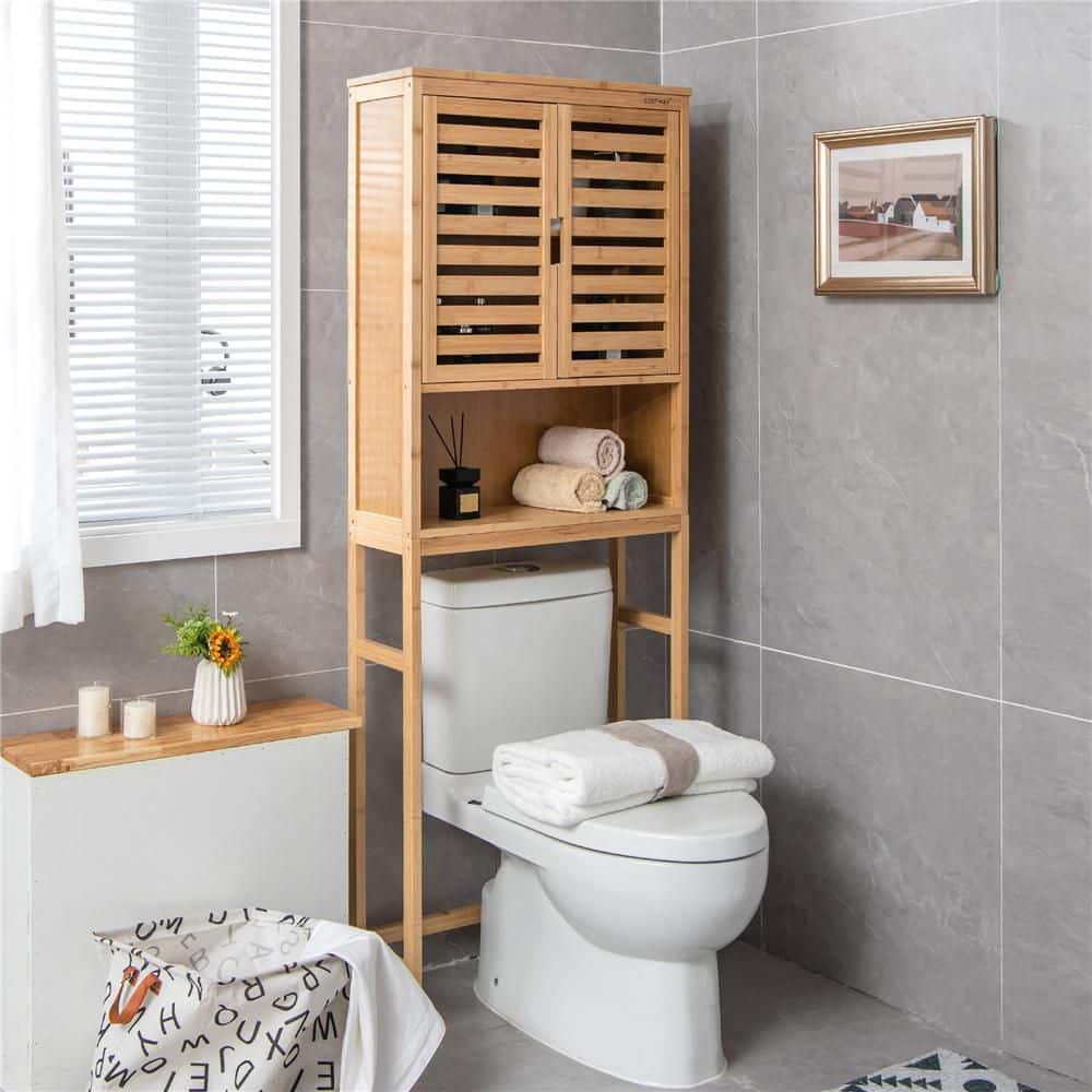 Costway 24.5 in. W x 67 in. H x 9 in. D Beige Wood Over-the-Toilet Storage in Beige Spacesaver Adjustable Shelf Bamboo (2)
