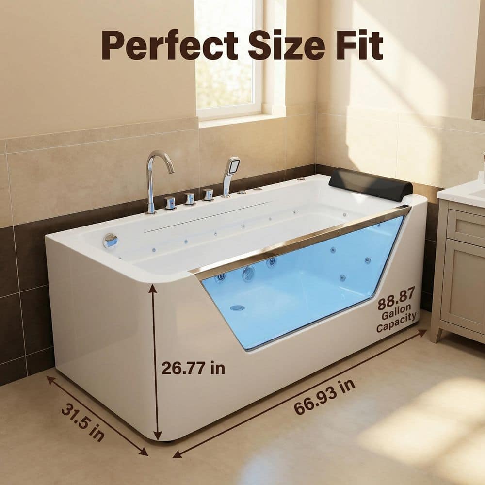 MEDUNJESS 67 in. x 31.5 in. Acrylic Flatbottom Freestanding Whirlpool Bathtub in White with Faucets (3)