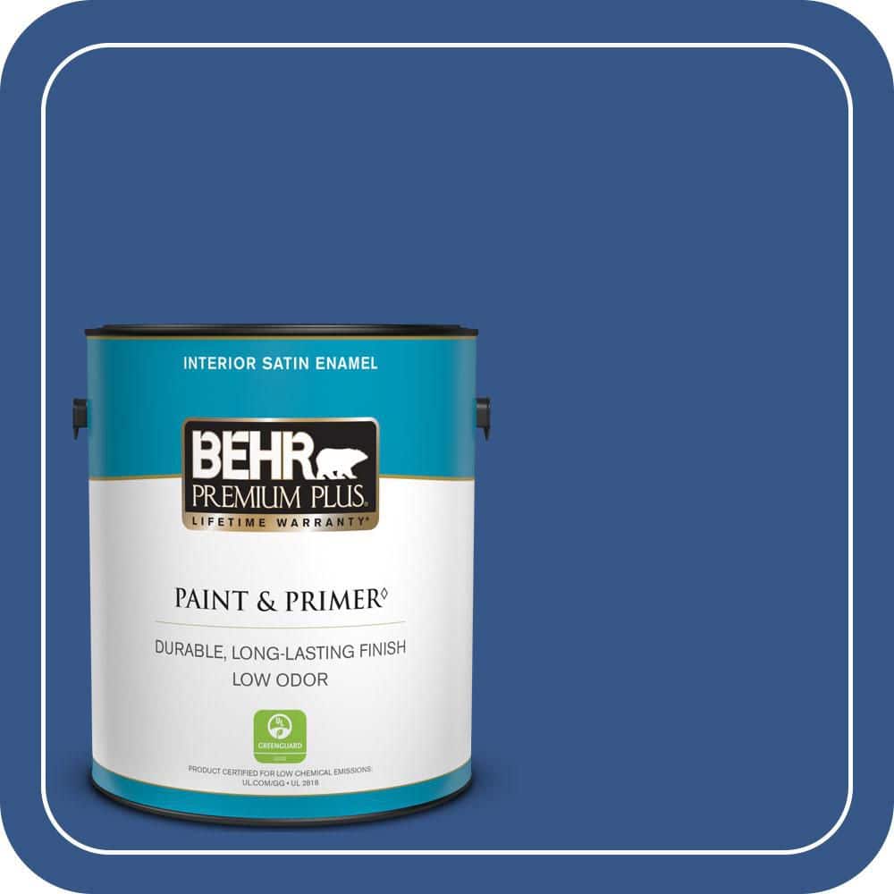 BEHR PREMIUM PLUS 1 gal. #S-G-590 Southern Blue Satin Enamel Low Odor Interior Paint & Primer (1)