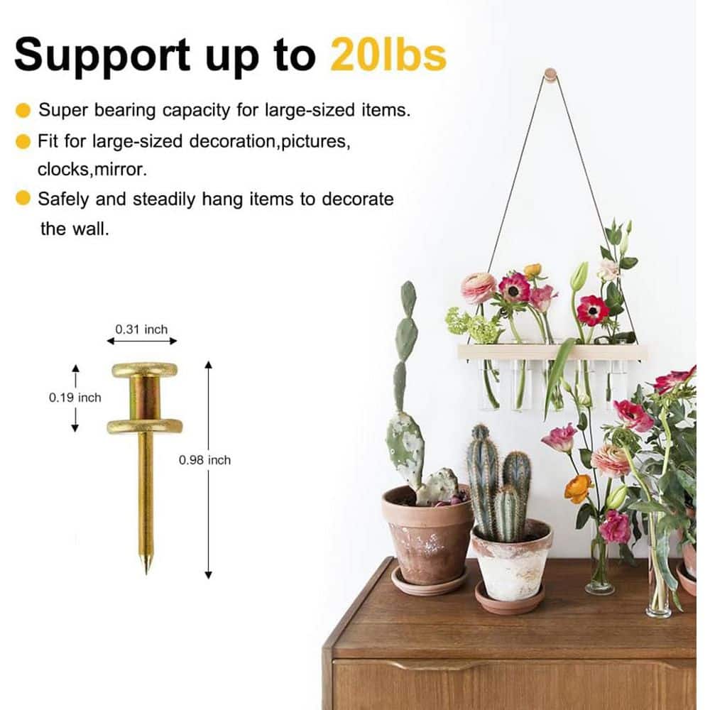 Adrinfly Double Headed Picture Hangers Nails for Wall Hanging, Dual Head Hooks for Wooden or Drywall, 50-Pieces with Storage Gold (3)